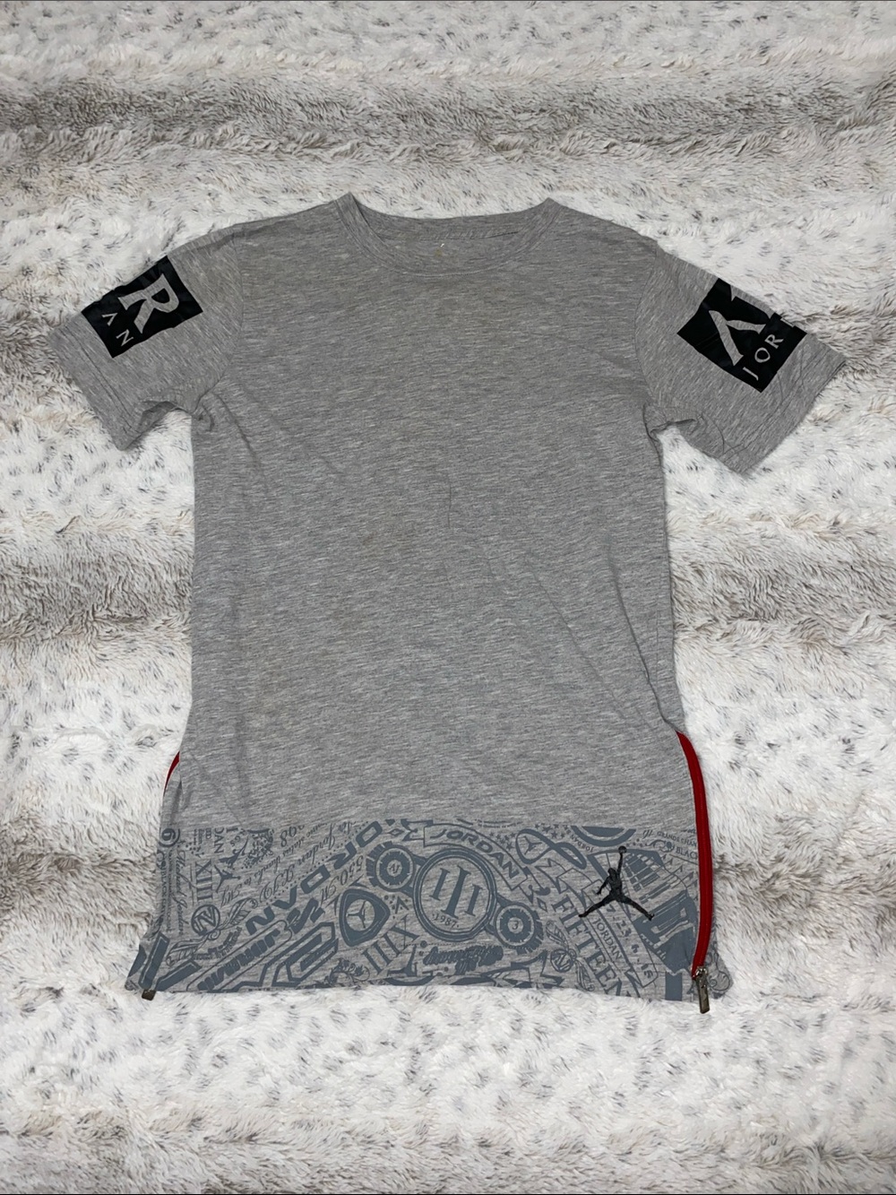 Jordan Gray Short Sleeve Tee with Graphic Hem and Sleeve Logos
